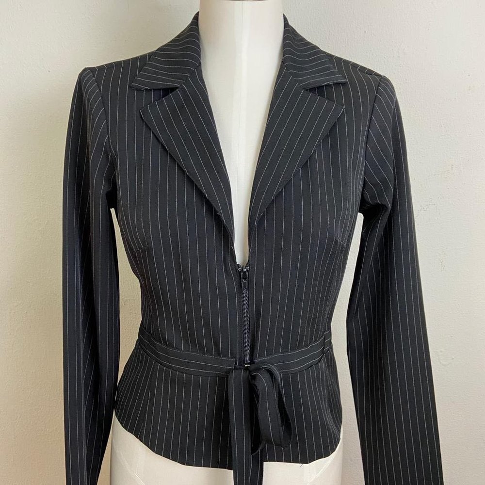 Vintage 80s Tailored Black Polyester Short Jacket / White Strip / Ombre Look
